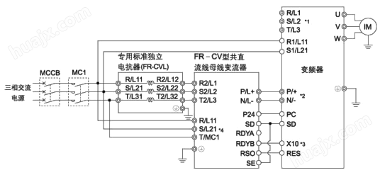 FR-CV-H22K三菱共直流母线变流器接线端子说明：
